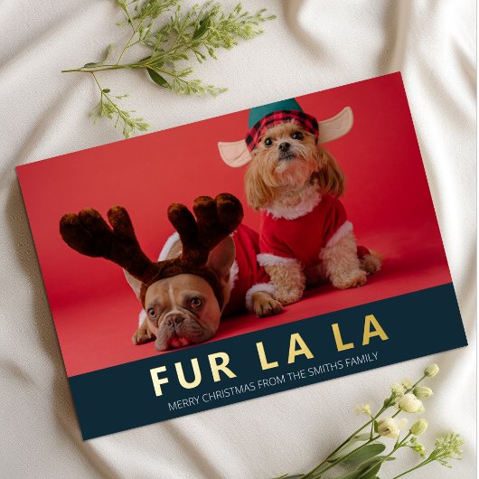 Fur La Blue Goud Moderne Pet Kerstfoto Folie Feestdagenkaart