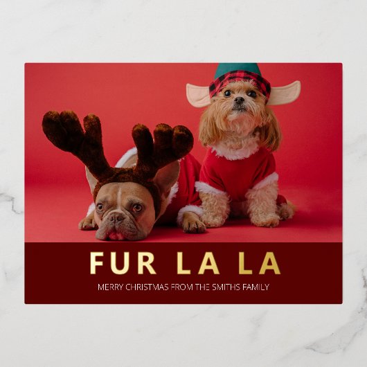 Fur La La Red Gold Modern Pet Kerstfoto Folie Feestdagen Briefkaart (Voorkant)