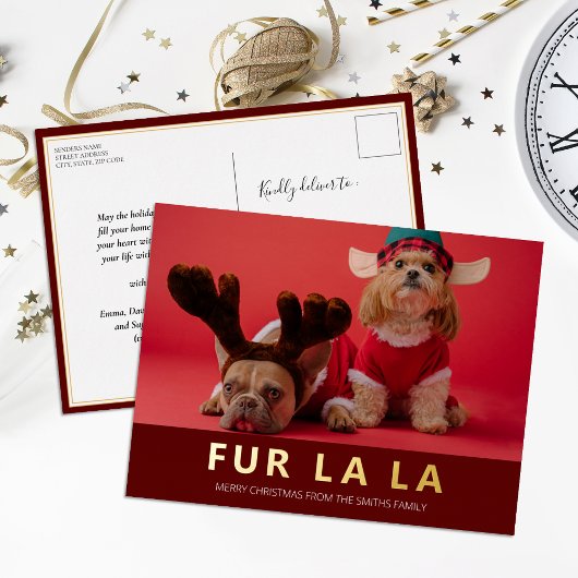 Fur La La Red Gold Modern Pet Kerstfoto Folie Feestdagen Briefkaart