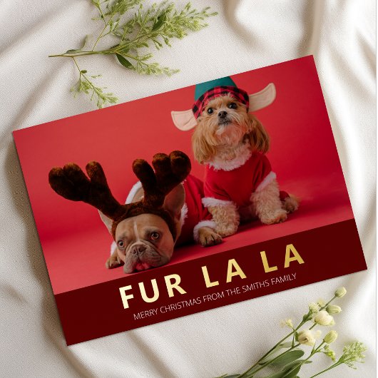 Fur La La Red Gold Modern Pet Kerstfoto Folie Feestdagenkaart