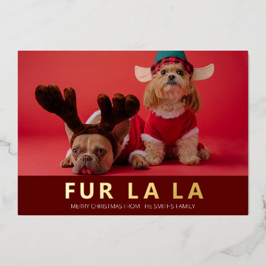 Fur La La Red Gold Modern Pet Kerstfoto Folie Feestdagenkaart (Voorkant)