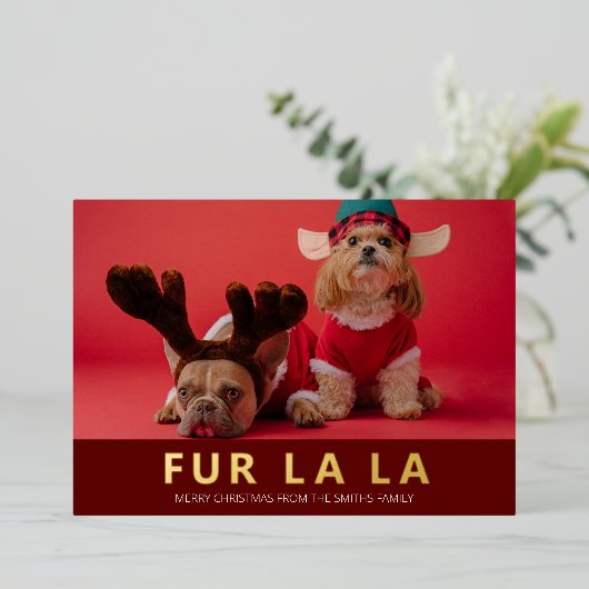 Fur La La Red Gold Modern Pet Kerstfoto Folie Feestdagenkaart (Staand Voorkant)