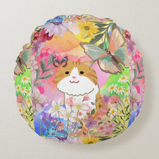 Fur-real, ik ben Flower-Powered - Schattigee katte Rond Kussen (Voorkant)