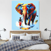 Furchtloser Junge trifft Elefantenbullen Canvas Afdruk (Insitu (Slaapkamer))