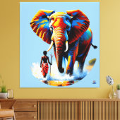 Furchtloser Junge trifft Elefantenbullen Canvas Afdruk (Insitu (Woonkamer))