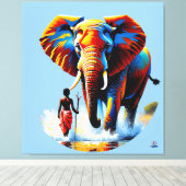 Furchtloser Junge trifft Elefantenbullen Canvas Afdruk (Insitu (Houten vloer))