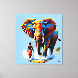 Furchtloser Junge trifft Elefantenbullen Canvas Afdruk