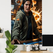Furieuze gamer explosie scène foto afdruk poster (Thuiskantoor)