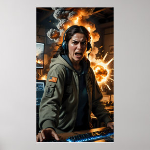 Furieuze gamer explosie scène foto afdruk poster