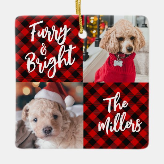 Furry & Bright Dog 2-foto met Kerstmis Keramisch Ornament (Voorkant)