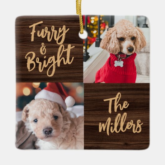 Furry & Bright Dog 2 Foto Rustige Kerstmis Keramisch Ornament (Voorkant)