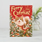 "Furry Catmas!" Vlakke Kerstkaart (Staand voorkant)