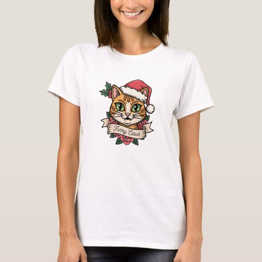 Furry Claus: Vintage Kerstkat T-shirt (Voorkant)