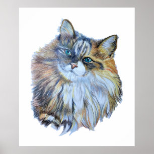 Furry Colorful Norwegian Forest Cat Realistic Art Poster