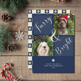 Furry en Bright Navy Blue 2 foto hond Feestdagenkaart
