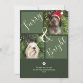 Furry en helder groen rood 2 foto hond feestdagenkaart (Voorkant)