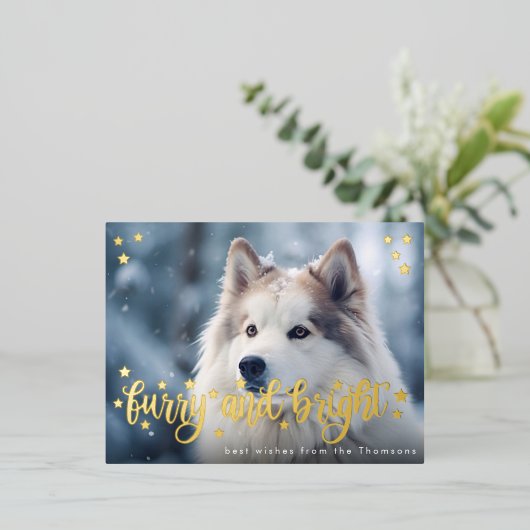 Furry en heldere kerst goud huisdier foto folie feestdagen briefkaart (Staand Voorkant)