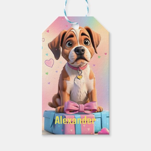 Furry Friends Boxer Puppy met kleurrijke geschenke Cadeaulabel (Voorkant)