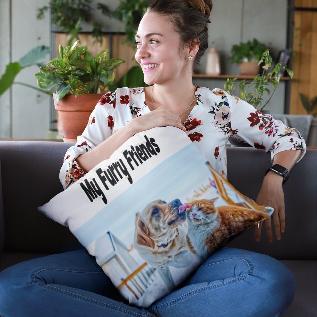 Furry Friends Kat en Hond Foto Kussen (Creator heeft geüpload)