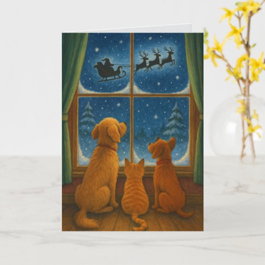 Furry Friends Looking at Santa Custom Christmas Kaart (Gele Bloem)