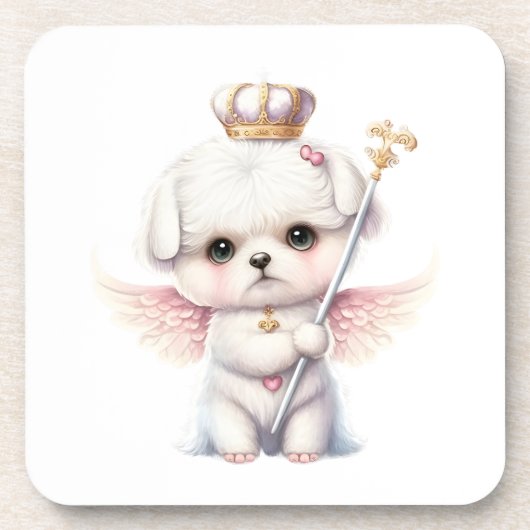 Furry Joy: Angel Wing Maltese Dog Puppy Gift Bier Onderzetter (Voorkant)