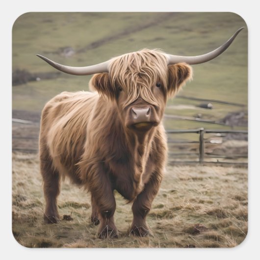 **"Furry Majesty: The Woolly Brown Highland Koe"** Vierkante Sticker (Voorkant)