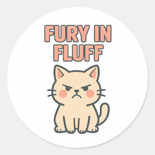 Fury in Fluff Cute Angry Grumpy Cat Cartoon Ronde Sticker (Voorkant)