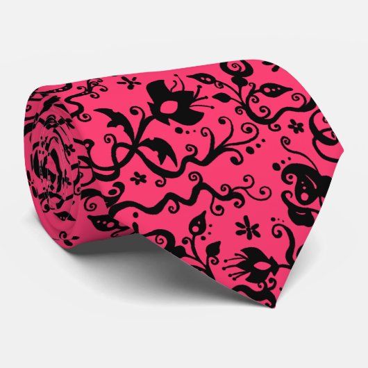 Fuschia Black Floral Pattern Stropdas (Opgerold)