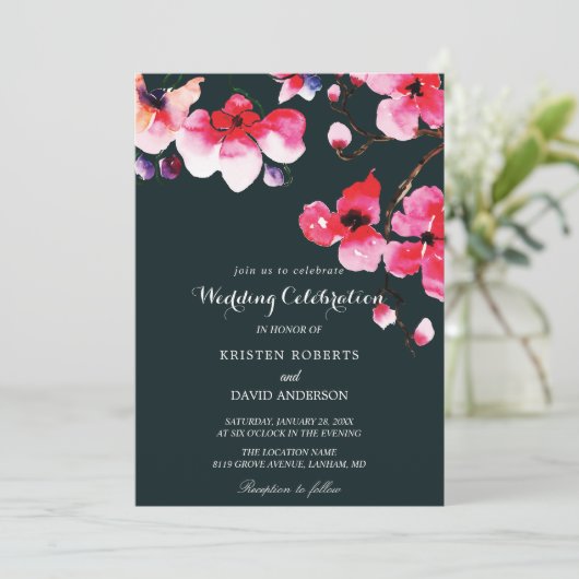 fuschia - boom en zwarte trouwuitnodigingen kaart (Staand voorkant)