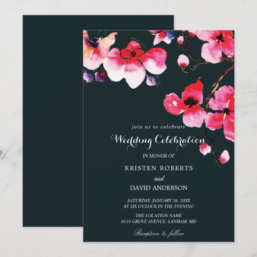 fuschia - boom en zwarte trouwuitnodigingen kaart (Voorkant / Achterkant)