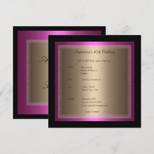 Fuschia Bronzen Glamour op Zwarte Verjaardag Kaart (Voorkant / Achterkant)