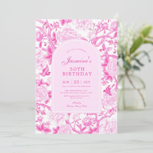 Fuschia Chinoiserie Floral Garden 50e verjaardag Kaart (Staand voorkant)