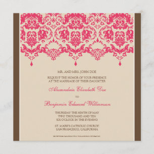 Fuschia Darling Damask Square Wedding Invitation Kaart