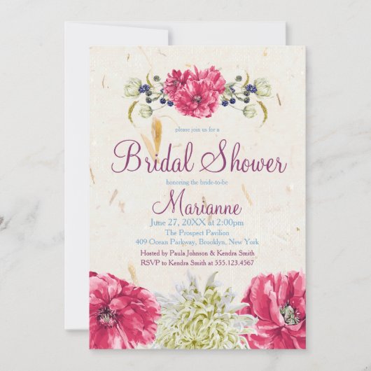 Fuschia en ivoor bloemen Bruids Douche Uitnodiging (Voorkant)