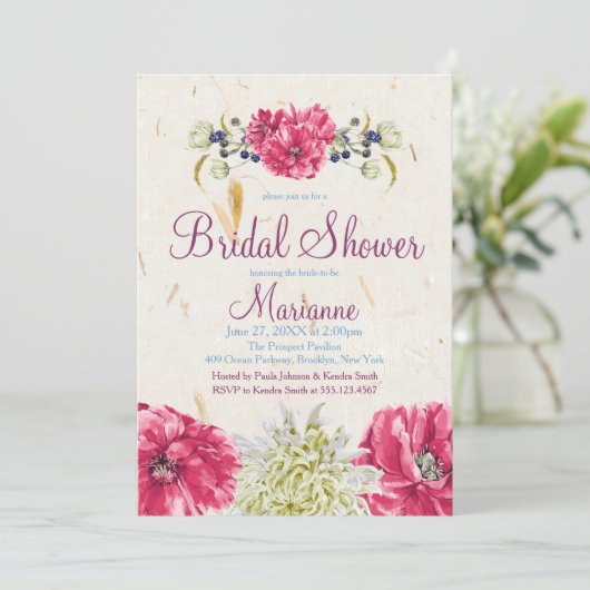 Fuschia en ivoor bloemen Bruids Douche Uitnodiging (Staand voorkant)
