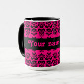 Fuschia en zwarte mini damast print mok (Voorkant links)