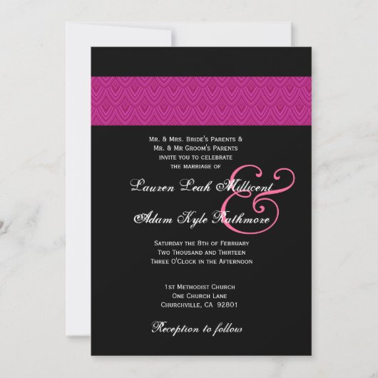 Fuschia Feathered Chevron Black Wedding Monogram Kaart (Voorkant)
