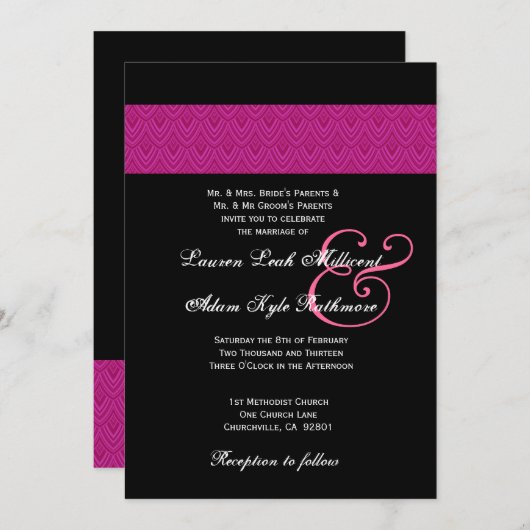 Fuschia Feathered Chevron Black Wedding Monogram Kaart (Voorkant / Achterkant)