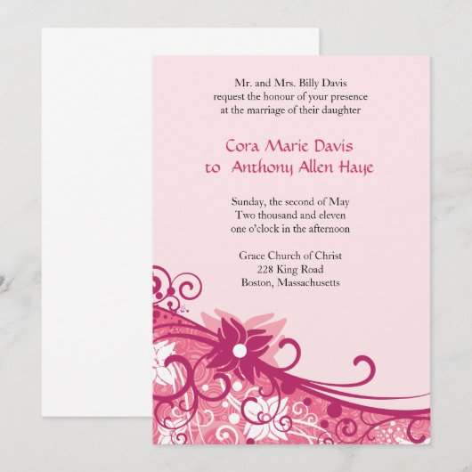 Fuschia Floral Huwelijksuitnodiging Kaart (Voorkant / Achterkant)