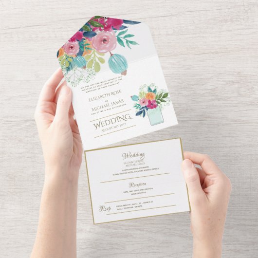 Fuschia Floral Wedding Invitation and Reception. All In One Uitnodiging (Afscheurbaar)