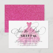 Fuschia Glitter Elegante Jurk Sweet 16 Verjaardag Save The Date (Voorkant / Achterkant)