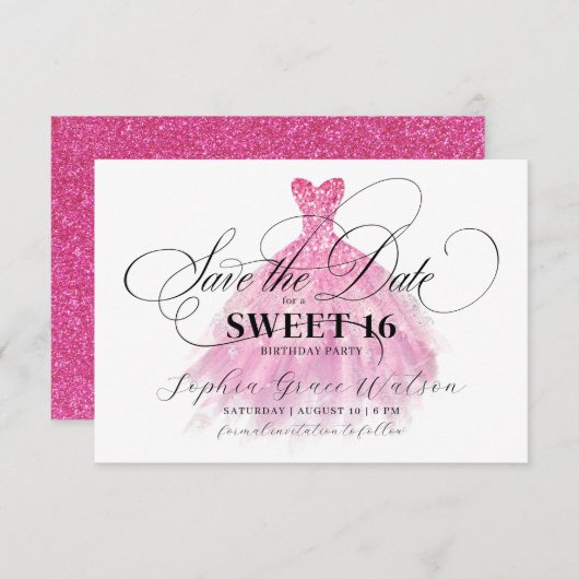 Fuschia Glitter Elegante Jurk Sweet 16 Verjaardag Save The Date (Voorkant / Achterkant)