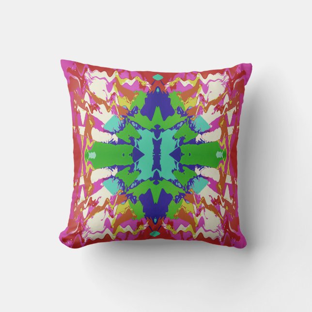 Fuschia Green Blue White Fantasy Flower Motif Kussen (Voorkant)
