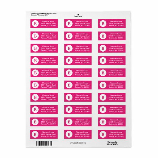 Fuschia Monogram Dot-Adresetiketten Etiket (Full Sheet)