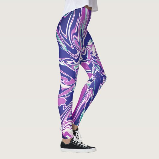 Fuschia Paarse Aqua Witte Psychedelische Bloem Leggings (Rechts)