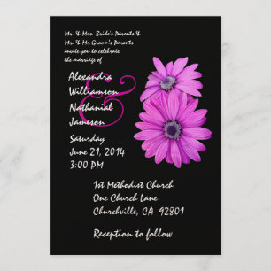 Fuschia Pink en Black Daisy Wedding Invitation Kaart