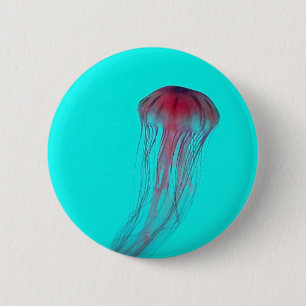 Fuschia Pink Jellyfish on Aqua Blue Green Ronde Button 5,7 Cm