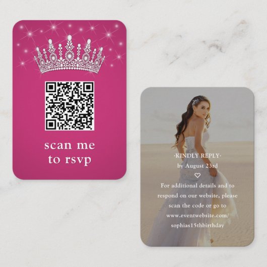 Fuschia Pink QR RSVP Quinceañera Crown & Photo Informatiekaartje (Voorkant / Achterkant)