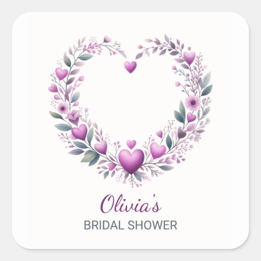 Fuschia Roze Bloemen Hart Bruids Douche Uitnodigin Vierkante Sticker (Voorkant)