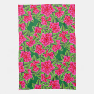 Fuschia Roze Camellias en Groene Bladeren Theedoek